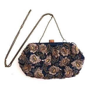 Miss Albright Evening Clutch w Chain Strap Navy Satin Beaded Embroidered Flowers